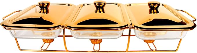 Casserole Dish Set Rectangle 3-in-1 Glass Baking Dish, with Stainless steel Lid and Gold rack, 1.3 Qt x 3 pcs Baking Pan For Casserole & Lasagna, Dishwasher Oven Freezer Microwave Safe