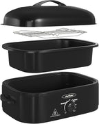 Sunvivi 14-Quart Roaster Oven with Self-Basting Lid, Electric Turkey Roaster Oven with Removable Pan and Rack, Stainless Steel, Black