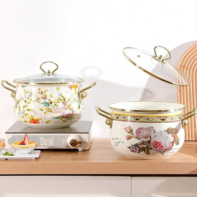 Vintage Enamel Stockpot with Lid,Large Stock Pot Enamel 5.5 Liters Nonstick Saucepan with Glass Lid Flower Enamel on Steel Cooking Pot with Lid, Vintage Thicken Soup Pot with Handles,20CM