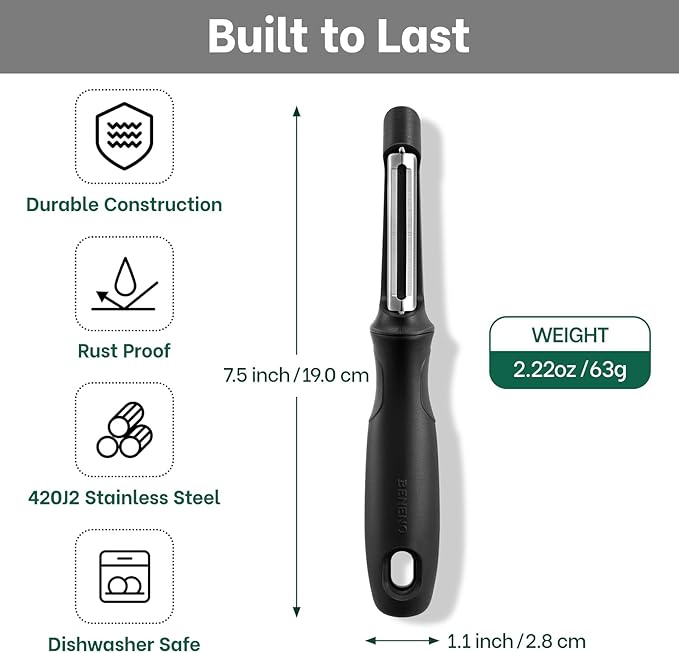 Beneno Swivel Vegetable Peeler, Razor-Sharp Smooth Peeling Stainless Steel Blades, Ergonomic Comfort Non-Slip Rubber Handle, Durable Kitchen Peeler Tool with Potato Eye Remover, Dishwasher Safe, Black