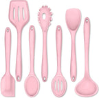 P&P CHEF Silicone Cooking Utensils Set of 7, Heat-proof Kitchen Utensils Set for Nonstick Cookware, Non-stick Spatula, Slotted Turner, Soup Ladle, Pasta Server, Spoon for Cooking Serving - Pink