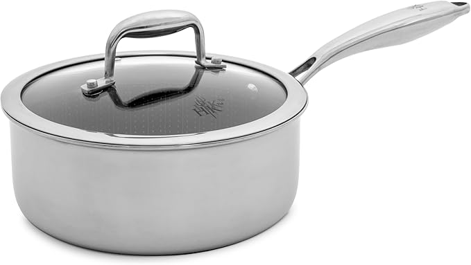 Hell's Kitchen Hybrid 2.5 Qt Saucepan and lid, Tri-Clad Stainless Steel and Nonstick Ceramic, PFAS Free, no PFOA, no PTFE, no Teflon, Non Toxic Cookware, Metal Utensil Safe, All Cooktops and Oven Safe