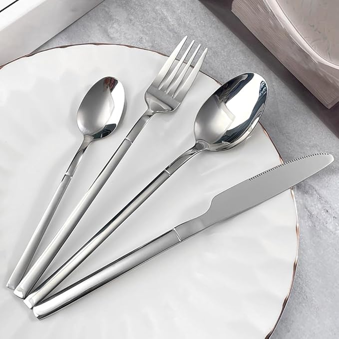 Silverware Set for 4 Modern 16 Piece 18/10 Stainless Steel Square Flatware Set Nice Weight Mirror Polished Kitchen Utensils Cutlery Sets for Home Restaurant Wedding Tableware Dishwasher Safe