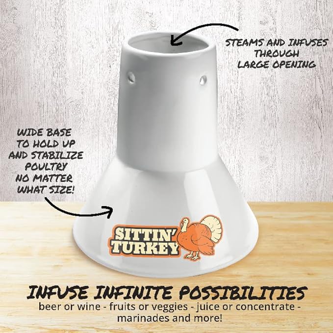 Sittin' Turkey Ceramic Beer Can Roaster & Steamer- Easily Infuse Marinades & BBQ flavors for Juicy, Flavorful Meat- XL Base Perfectly Cooks up to an 18lb Turkey- Xmas Dinner & Holiday Party Essential