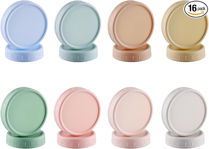 16PCS Colored Plastic Mason Jar Lids With Silicone Rings (8 Wide Mouth & 8 Regular Mouth) for Ball, Kerr and More, Food Grade & Leak-proof, 86mm & 70mm Canning Tops