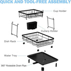 2-Tier Dish Drying Rack with Drainboard, Rustproof Stainless Steel Dish Rack for Kitchen Counter, Large Capacity Dish Drainer with Cup Holder, Utensil Holder, and Plate Organizer for Home Kitchens