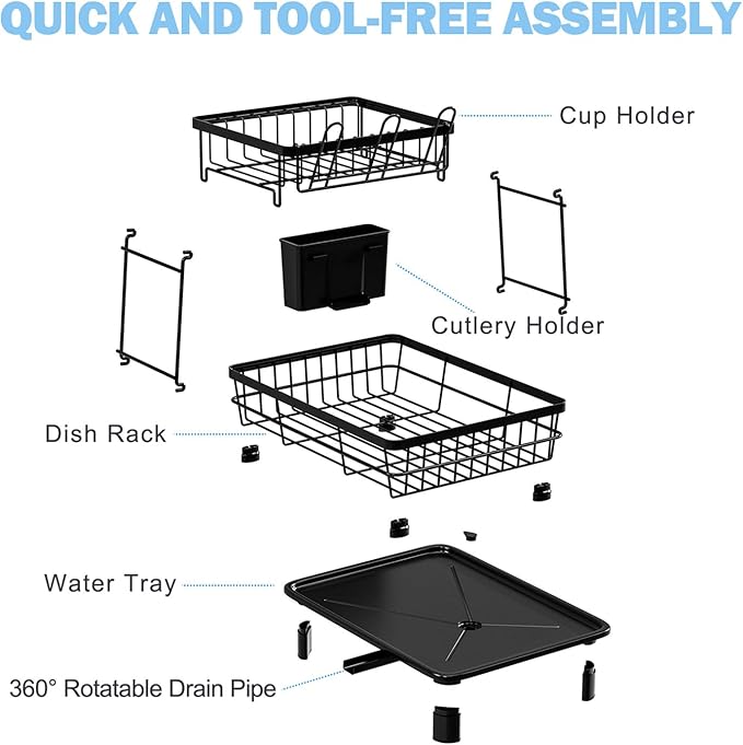 2-Tier Dish Drying Rack with Drainboard, Rustproof Stainless Steel Dish Rack for Kitchen Counter, Large Capacity Dish Drainer with Cup Holder, Utensil Holder, and Plate Organizer for Home Kitchens