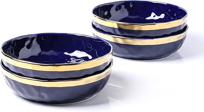 Stone Lain Florian 4-Piece Round Pasta Bowl Set, Blue with Gold Rim