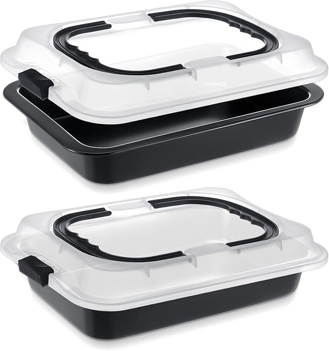 2 Pcs Cake Baking Pan with Lid and Handle, 9 x 13 Inch Non-stick Rectangle Sheet Cake Pan Carrier for Brownie Roasting Cooking Baking (Black Gray)