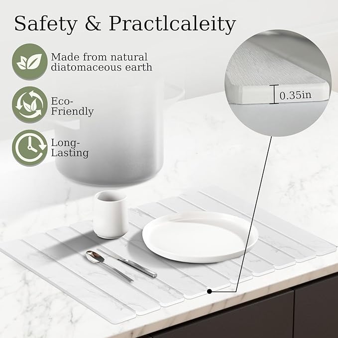 Hopegiver Stone Drying Mat for Kitchen Counter, 23.62"x15.35" Marble-Pattern Quick Dry Dish Mat, Elegant Absorbent Diatomaceous Earth Mat for Dishes Countertop Sink Bathroom, Includes Sanding Block