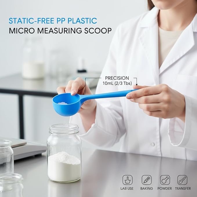 5g Plastic Measuring Spoons (10ml) – Pack of 5 mini Scoops for Protein Poweder, Creatine, Coffee, Lab, Baking, Laundry, Canisters, Dry Goods – 1 Teaspoon Measuring Spoons (tsp), Blue