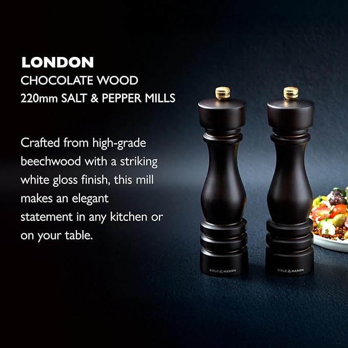 Cole & Mason London Refillable Spice Mill - Kitchen & Home Accessory - Salt & Pepper Grinder Set - Salt Mill with Ceramic Mechanism - Pepper Mill with Carbon Steel Mechanism - 8", Chocolate Wood