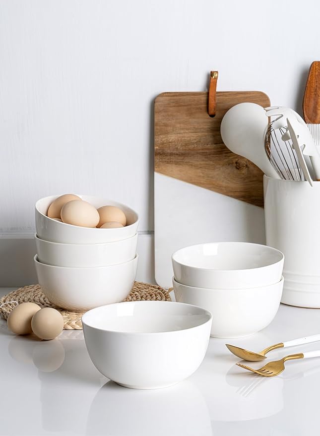 Sweese 20 Oz Porcelain Bowls Set of 6 - Durable for Cereal, Soup, Rice, Pasta, Salad, Oatmeal - Microwave Dishwasher Safe, White