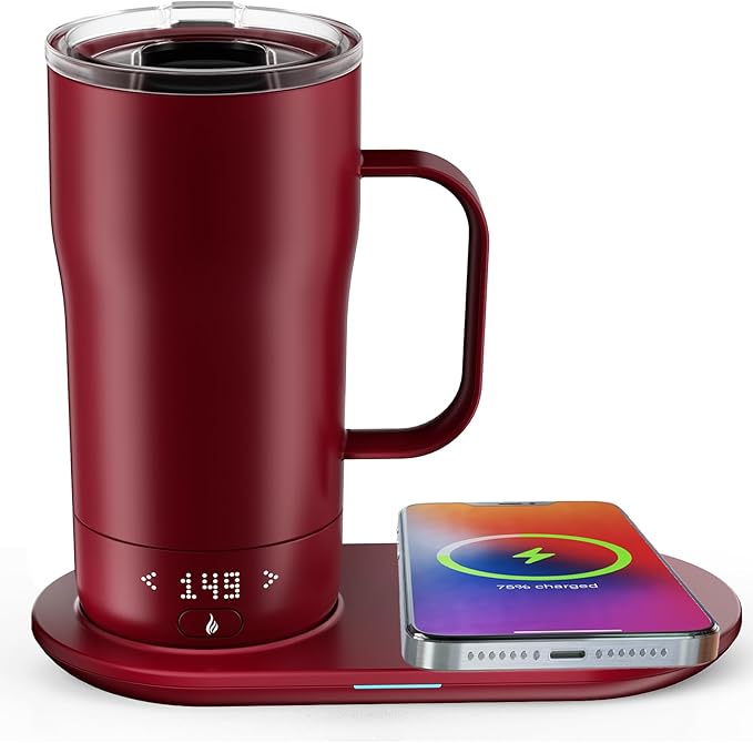 Smart Self Heating Coffee Mug 18 Oz Temperature Control Heated Coffee Mug App Controlled Warmer Mug 5-10 Hour LED Display Keep Coffee Hot All Day Fast Wireless Charger Base Rogue red