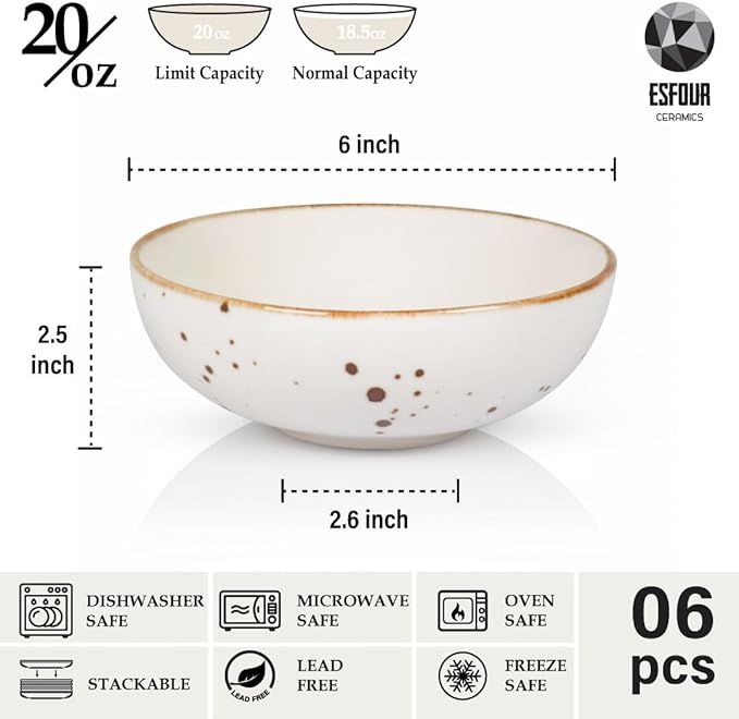 Esfour Round Porcelain Bowls - 18 Ounce - Set of 6 - Microwave, Oven, Dishwasher-Safe, Scratch Resistant, Porcelain Durable Small Dishes Bowls for Cereal, Salad, Pasta, Soup Dessert - Assorted Classic
