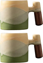 2-Oz Ceramic Espresso Cups with Wood Handle, 2/4-Piece Set for Coffee, Tea, Latte - Dishwasher Safe, Multi-Color & Wood Styles, Gift & Café Use(Kiln turning green, Wooden Handle2)