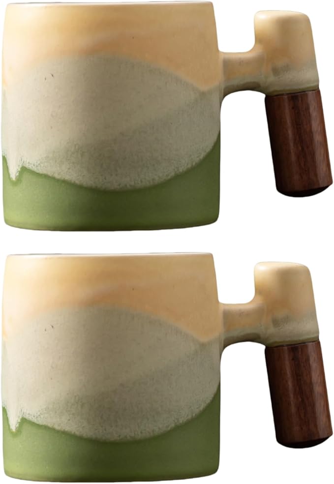 2-Oz Ceramic Espresso Cups with Wood Handle, 2/4-Piece Set for Coffee, Tea, Latte - Dishwasher Safe, Multi-Color & Wood Styles, Gift & Café Use(Kiln turning green, Wooden Handle2)