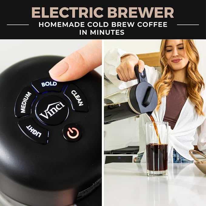 VINCI Express Cold Brew, Electric Cold Brew Coffee Maker in 10 minutes, 4 Brew Strength Settings & Cleaning Cycle, Easy to Use & Clean, Glass Carafe 1.4 Liters Push Button Control
