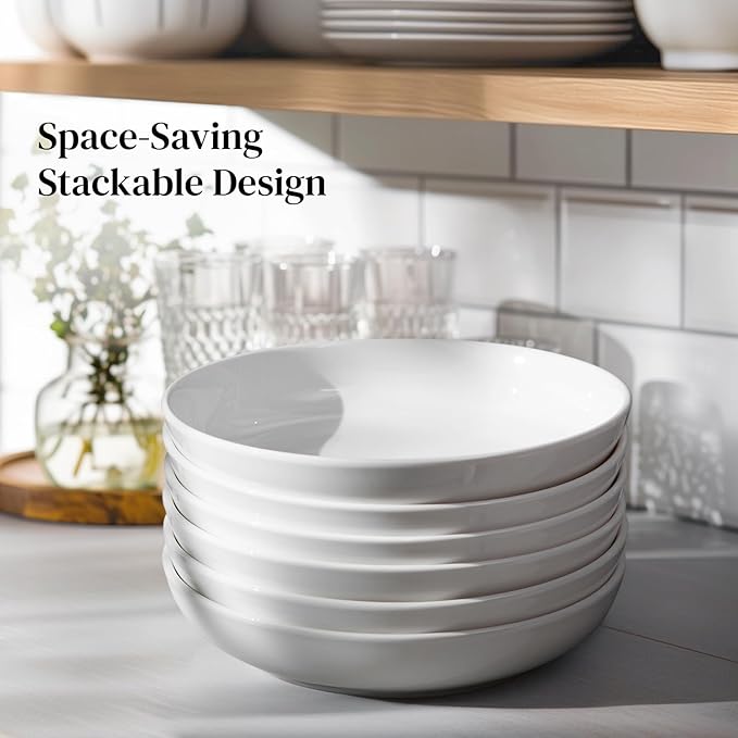 DOWAN 8.5" Pasta Bowls, 32oz Salad Bowls Set of 6, Natural White Ceramic Serving Bowls, Porcelain Plate Bowl Serving Dish Shallow Bowls Set for Kitchen, Microwave Dishwasher Safe