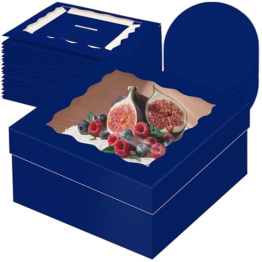 qiqee 12x12x6 Cake Box, 18 Sets Deep Blue Cake Box with Window ＆ 18 Sets 12" Deep Blue Cake Round Boards, 12inch Cake Containers