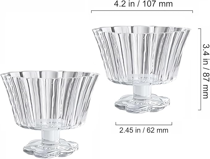 Ice Cream Bowls Drinking Glass Cups Set of 2 (Transparent), Flower Petal Style Glasses, 8.5oz, Suitable for Ice cream, Cocktails, Dessert & More.