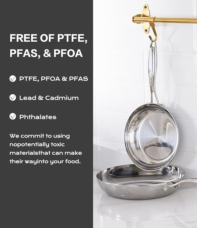 3-Ply Stainless Steel Fry Pan With Lid 10 Inch, Induction Compatible, Oven Broiler Safe 600F, Fast and Even Heat, 10"Frying Pan, Stay-Cool Handle, Dishwasher-Friendly, Compatible with All Cooktops