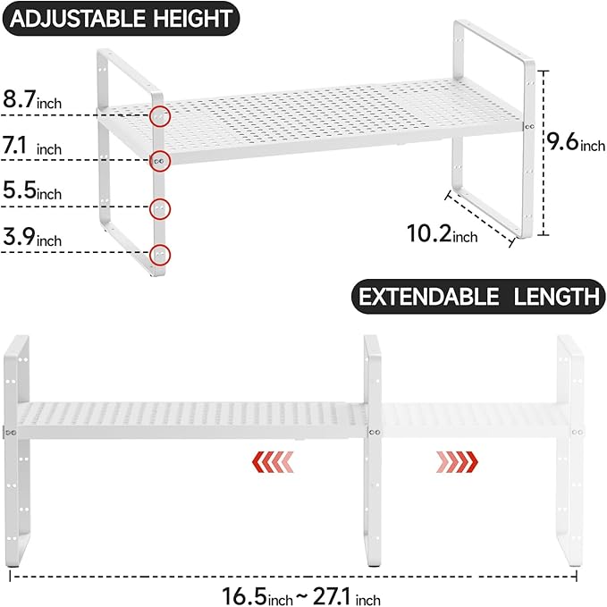 Expandable Cabinet Countertop Shelves, Adjustable Metal Spice Rack Organizer Stackable Stand Extender Counter Storage Shelves for Kitchen Cabinet, Countertop, Pantry and Cupboard, White