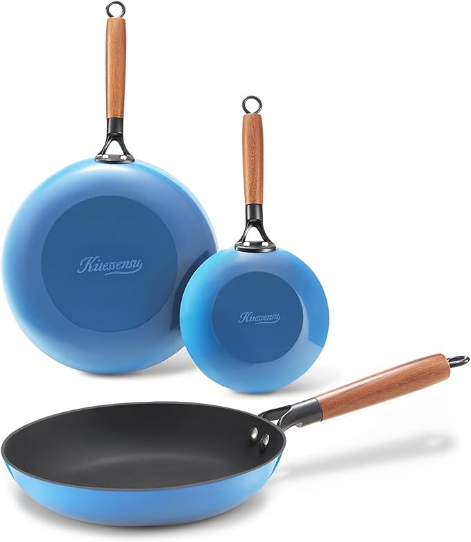 KITESSENSU Enameled Cast Iron Skillets - Non Stick Frying Pans Set with Durable Wooden Handle - 8&10&12 In Titanium Cast Iron Pans for Multi-Cooking - Pre Seasoned Cookware Set - Gradual Cobalt Blue