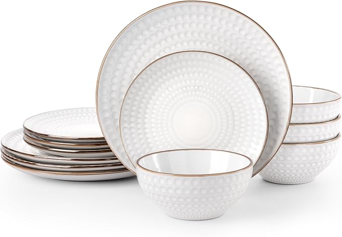 Famiware Eden Plates and Bowls Sets, Stoneware Dinnerware Sets with Gold Trim, 12 Pieces Dishes Set for 4 - Chip and Scratch Resistant, Microwave and Dishwasher Safe, White Circle