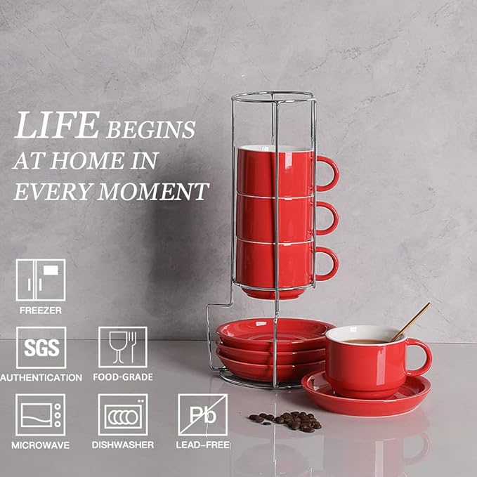 Sweejar Porcelain Cappuccino Cups with Saucers and Metal Stand, 8 Ounce Stackable Espresso Cups for Specialty Coffee Drinks, Latte, Americano, Tea - Set of 4 (Red)