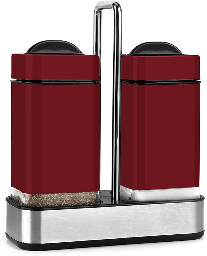 Red Salt and Pepper Shakers Set with Holder, Salt Shaker with Adjustable Pour Holes, Stainless Steel Refillable Spice Dispenser by Aelga