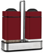 Red Salt and Pepper Shakers Set with Holder, Salt Shaker with Adjustable Pour Holes, Stainless Steel Refillable Spice Dispenser by Aelga