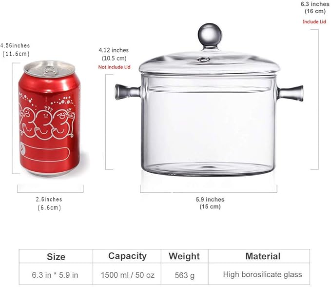 Glass Saucepan with Cover, 1.5L/50 FL OZ Heat-resistant Glass Stovetop Pot and Pan with Lid, The Best Handmade Cookware Set Cooktop Safe for Pasta Noodle, Soup, Milk, Baby Food