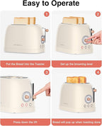CROWNFUL 2-Slice Toaster, Extra Wide Slots Toaster, Retro Stainless Steel with Bagel, Cancel, Defrost, Reheat Function and 6-Shade Settings, Removal Crumb Tray, Cream