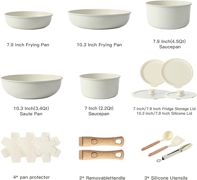 15PCS Ceramic Cookware Sets Detachable Handle Pots and Pans Set Non Stick (White)