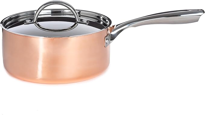 BergHOFF Vintage 5Pc Tri-Ply Copper 18/10 Stainless Steel Cookware Large Sized Set With Matching Lids, Polished, Long Ergonomic Shaped Handle, 3-layer Base, Gold