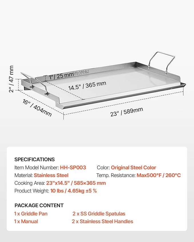 VEVOR Stainless Steel Griddle, 23x16 inch Universal Flat Top Rectangular Plate, Gas Grill Griddle for BBQ Grill, Teppanyaki, Portable Family Cookware with Handle, for Camping Tailgating Party