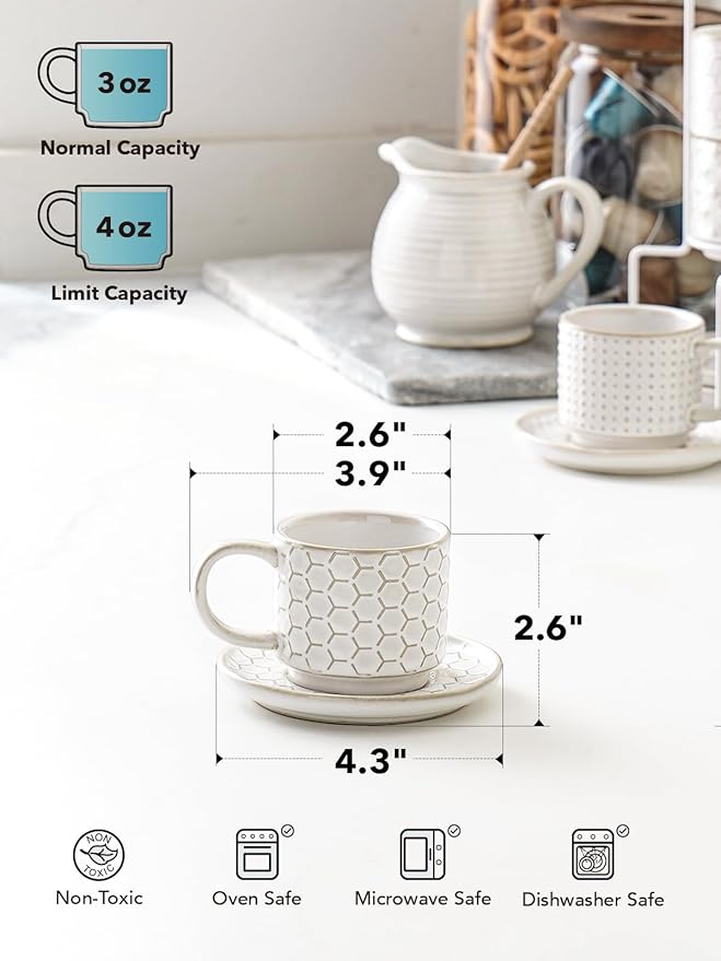 LE TAUCI Stackable Espresso Cups 4 oz with Saucers and Stand, Ceramic Embossment Coffee Cup for Double shot, Lungo, Ristretto, Dishwasher Oven Safe - Set of 4, Arctic white