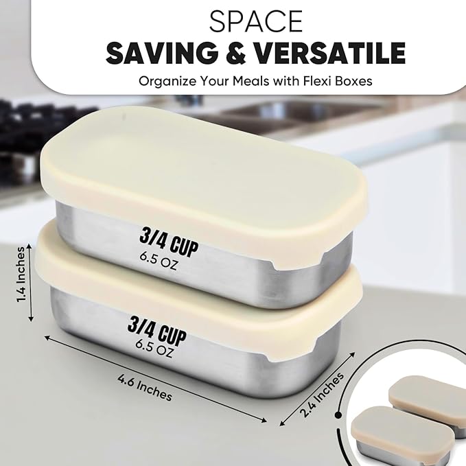 Flexibento - 2 x 6.5 oz | Leak proof | Small Stainless steel Snack Containers with Silicone lids|Dip and condiment containers | Plastic and BPA free | Metal Lunch box | Vanilla (set of 2)