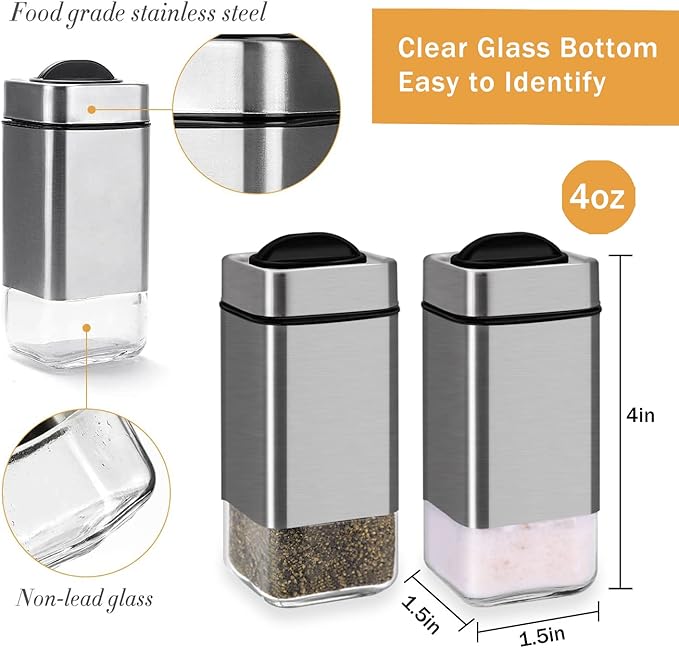 Salt and Pepper Shakers by Aelga, Glass Salt Shaker Set with Adjustable Pour Holes, Ideal for Black Pepper, Kosher and Himalayan