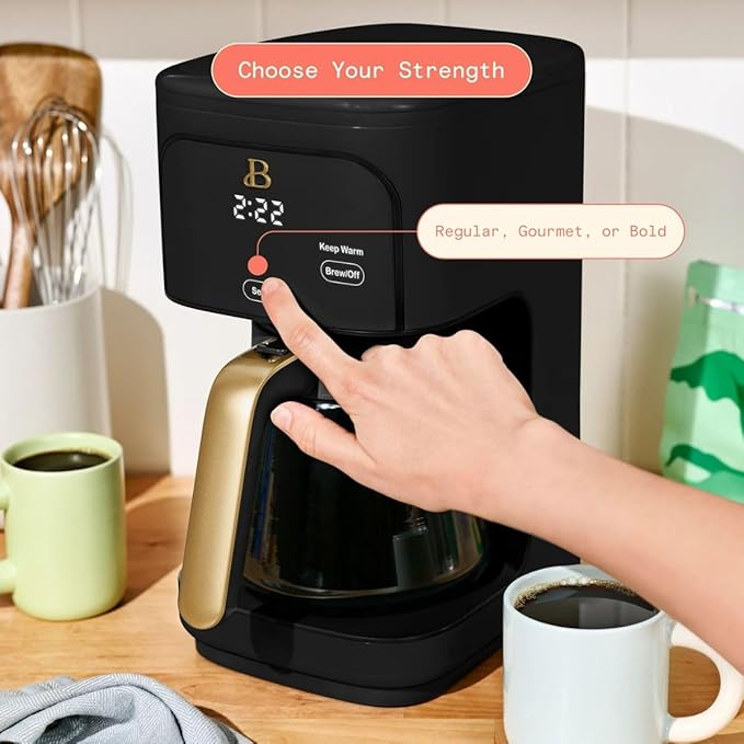 Beautiful 12-Cup Programmable Coffee Maker with Touch-Activated Display, Auto Brew Timer, Reusable Filter & Large Glass Carafe (Black Sesame)