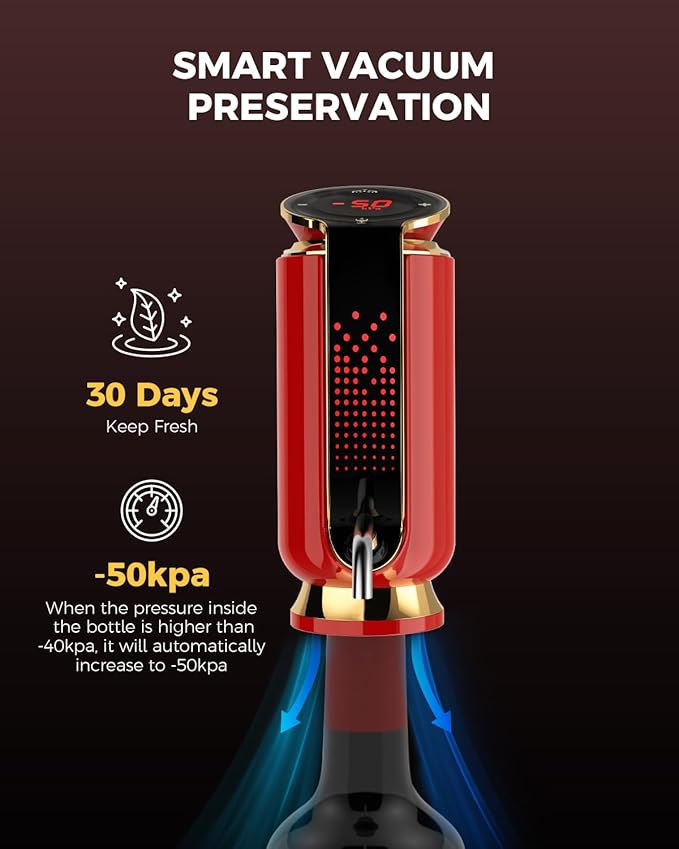 Luxurious 3-in-1 Electric Wine Aerator, Decanter, Dispenser & Vacuum Pump. Touch Screen LED Display - Wine Preservation System with Temp Monitor, Gift for Wine Lovers Women Men (Red)