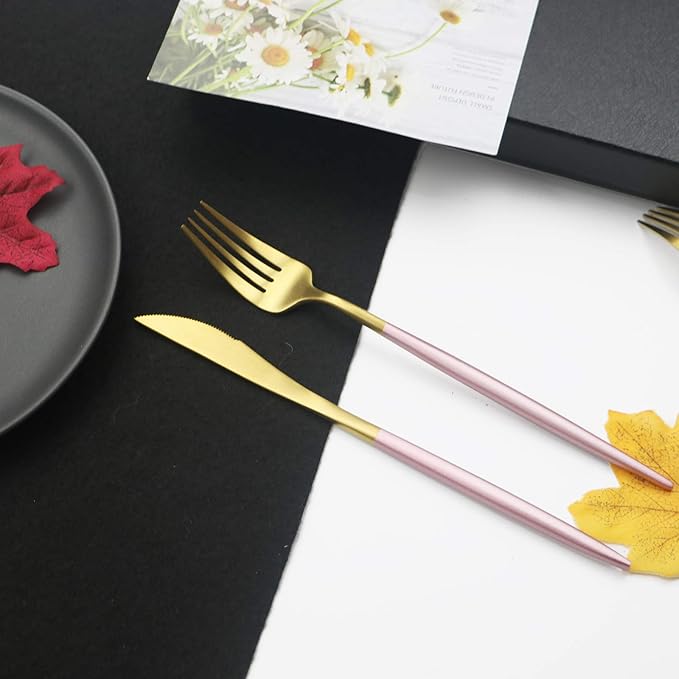 JASHII Luxury 18/10 Pink Handle Flatware Gold Silverware Set 304 Stainless Steel Flatware Cutlery Set| 6-Piece Adaline Royal Modern Satin Finish| BEST Birthday Wedding Gift (Pink Handle Matte Gold)