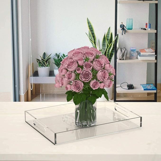 NIUBEE Acrylic Serving Tray 16x20 Inches -Spill Proof- Clear Decorative Tray Organiser for Ottoman Coffee Table Countertop with Handles