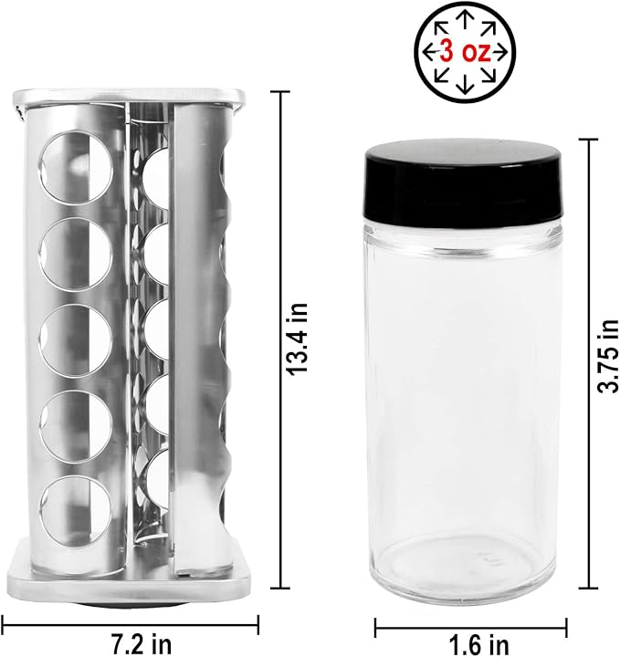 Orii 20 Jar Rotating Stainless Steel Spice Rack - No Spices - Black Lids