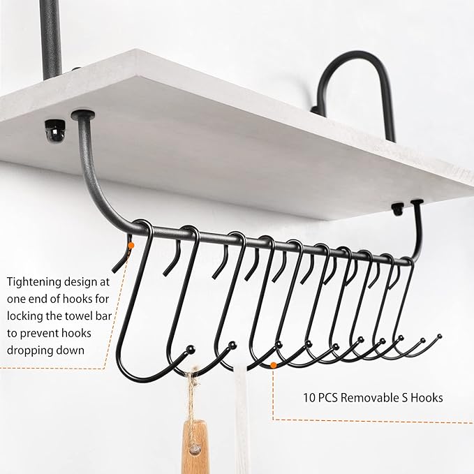 Olakee Floating Wall Shelves for Kitchen Bathroom Coffee Nook with 10 Adjustable Hooks for Mugs Cooking Utensils or Towel Rustic Storage Shelves Set of 2/17x5.9 inch (White)