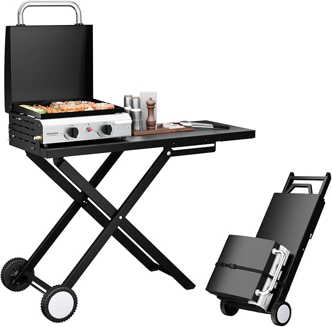 ROVSUN 2 Burner Foldable Propane Griddle with Wheels, Enameled Tray & Lid, 20000 BTU Portable Rolling Flat Top Gas Grill with Electronic Ignition & Regulator for Outdoor Cooking Camping BBQ Tailgating