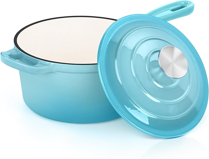 E-far Enameled Cast Iron Sauce Pan, 2 Quart Dutch Oven Saucepan with Lid, Small Sauce Pot for Cooking, Boiling, Healthy & Non Toxic, Induction & Oven Safe, Light Blue