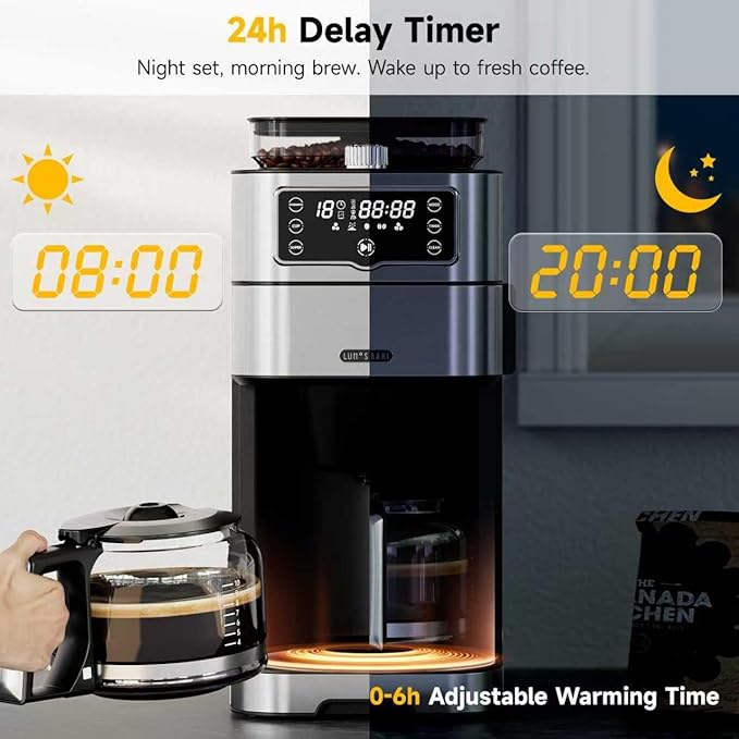Drip Coffee Maker with Built-in Grinder, 10-Cup Coffee Machine with 24-Hour Delay Timer, Touch Screen, Self-Cleaning, Reusable Filter, 1.5L Removable Water Tank, Warming Plate, Silver