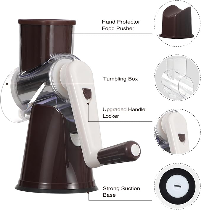 Cambom Rotary Cheese Grater Hand Crank Cheese Shredder for Fresh Cheese, Vegetable, Nuts,Non-slip Suction Base, Free Cleaning Brush Three Blades, Coffe Color